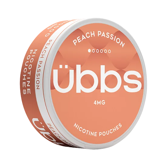 UBBS Peach Passion Mild all-white nicotine pouch can by RV Karma Limited