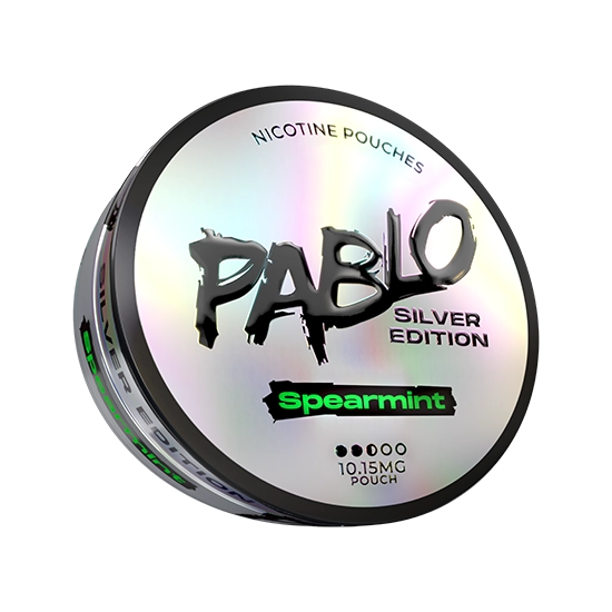 PABLO Silver Edition Spearmint - 10.15mg all-white nicotine pouch can, Spearmint flavour, Slim format