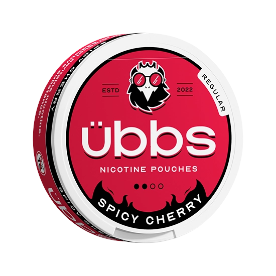 UBBS Spicy Cherry Regular all-white nicotine pouch can by RV Karma Limited
