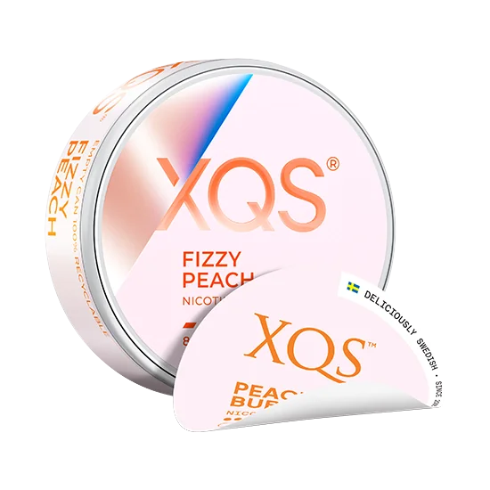 XQS Fizzy Peach - 8mg slim nicotine pouch can with fizzy, peach flavour