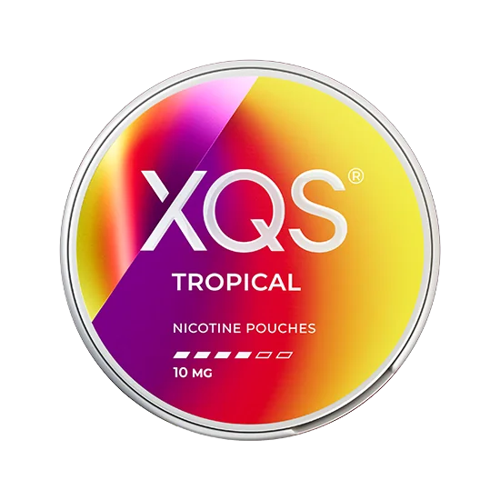 XQS Tropical - 10mg slim nicotine pouch can with pineapple, ripen mangos, passion fruit flavour