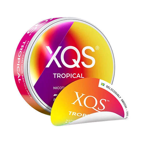 XQS Tropical - 8mg slim nicotine pouch can with pineapple, ripen mangos, passion fruit flavour